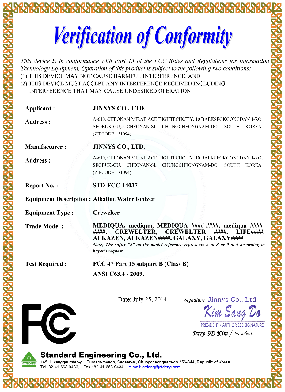 FCC Verification of Conformity – Crewelter / MEDIQUA models