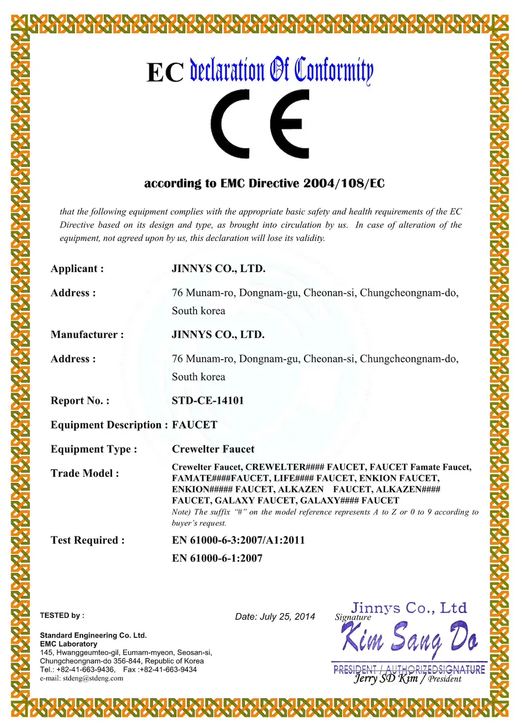 EC Declaration of Conformity – Faucet / Crewelter Faucet family
